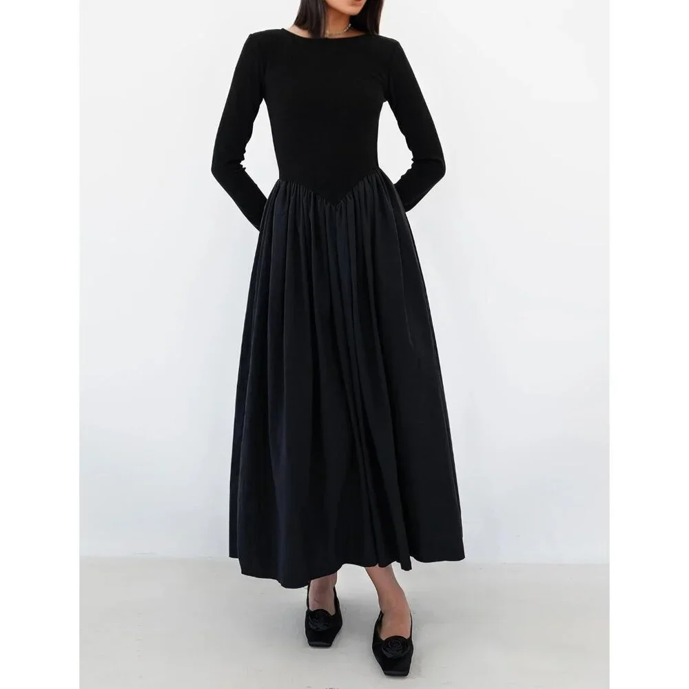 Women Maxi Dress Cotton Blend Long Sleeve Boat Neck Drop Waist Casual - Picture 2 of 5